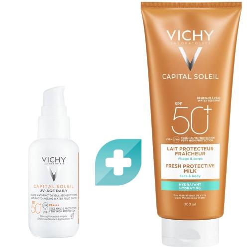 Vichy Πακέτο Προσφοράς Capital Soleil UV-Age Daily Anti Photo-Ageing Water Fluid for Face Spf50+ Tinted 40ml & Fresh Protective Milk for Face & Body Spf50+, 300ml